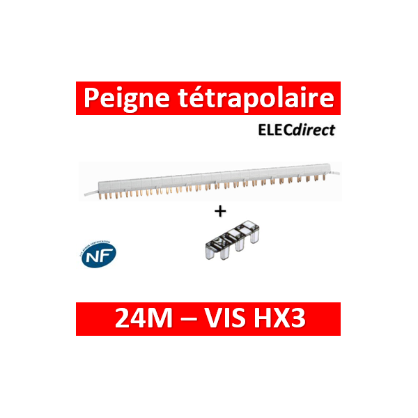 404944 Peigne d'alimentation tétrapolaire HX³ traditionnel pour bornes à  vis - longueur 12 modules maximum 3 appareils - professionnel