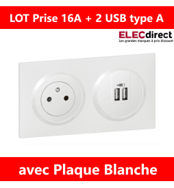 Legrand Dooxie - Prise de courant 2P+T 16A + double USB + plaque - Blanc - 600335+600343+600802