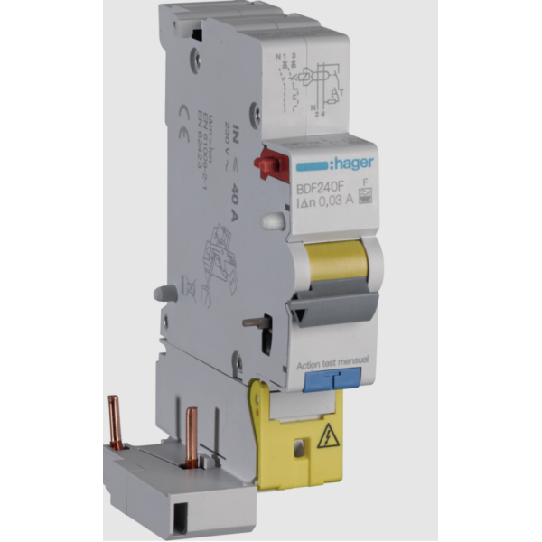 Hager - Bloc différentiel 1P+N 40A 30mA - Type F - Réf : BDF240F