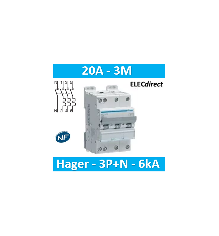 Hager - Disjoncteur 1P+N - 20A - 6-10kA - Courbe C - Réf : NFT720