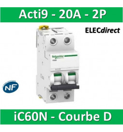 Schneider - Disjoncteur bipolaire Acti9 - iC60N - 20A - 6kA - courbe C -  A9F77220 - ELECdirect Vente Matériel Électrique