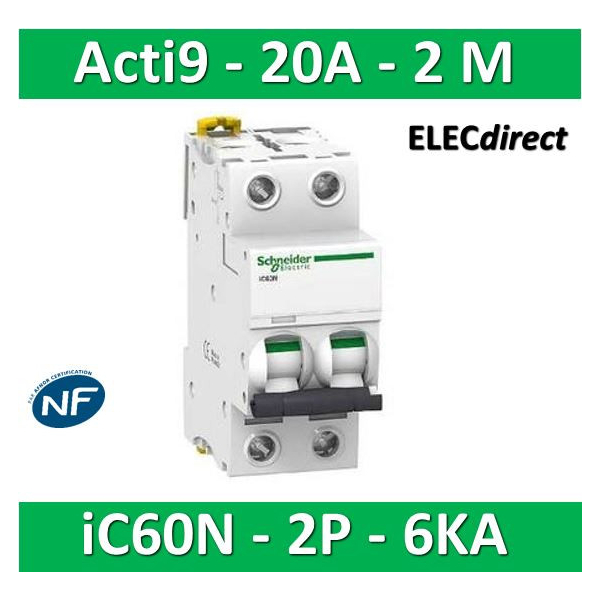 Disjoncteur ACTI9 iC60N 2P courbe C 20A - SCHNEIDER ELECTRIC - A9F77220