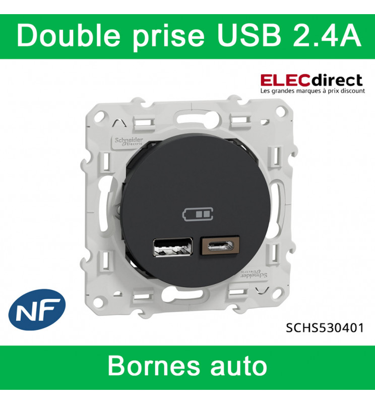 Double prise avec terre complet Odace Styl, SCHNEIDER ELECTRIC, gris  anthracite